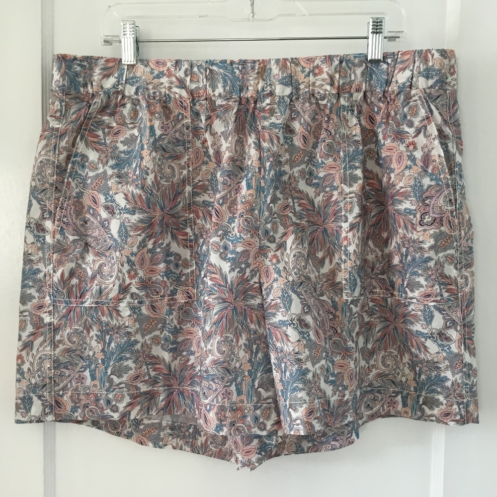 J.Crew Liberty Pull On Camp Shorts, Blue Pink Tan Floral Print, Size XL, NWT
